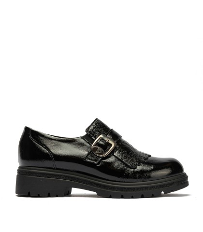 MOCASINES NEGROS DE PIEL CON ANTIFAZ Y FLECOS PARA MUJER PITILLOS 11572
