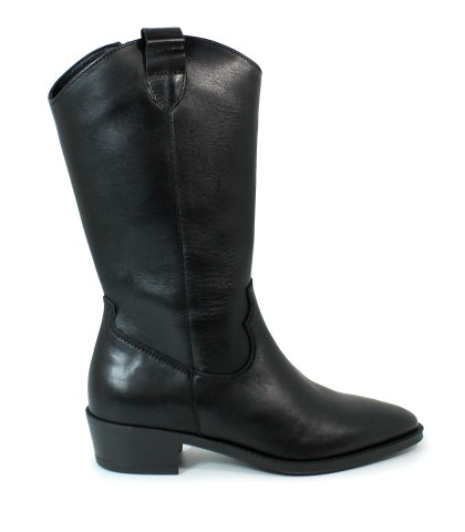 BOTA DE MUJER EN PIEL LISA NEGRA ESTILO COWBOY CON TACÓN APLAUSO JUBIA
